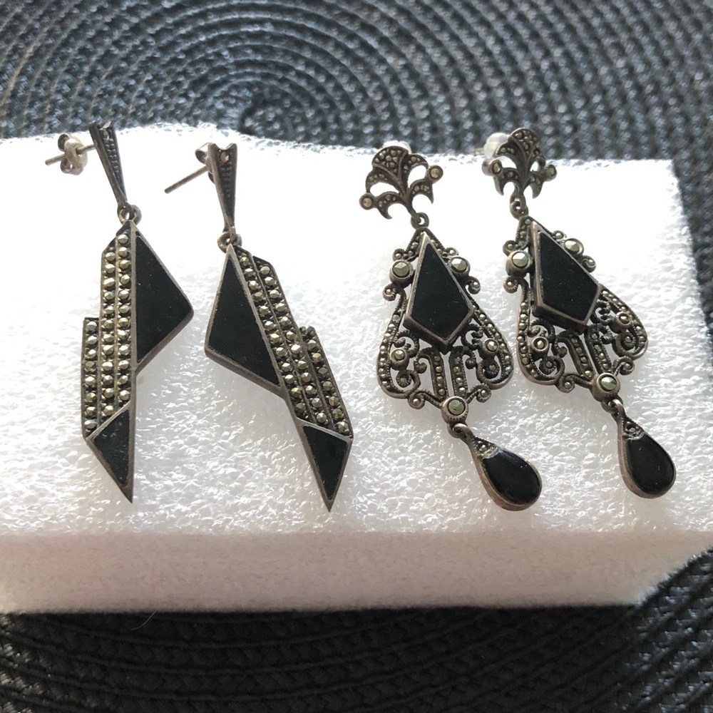 Marcasite & onyx earrings- 2 pairs- exc. condition